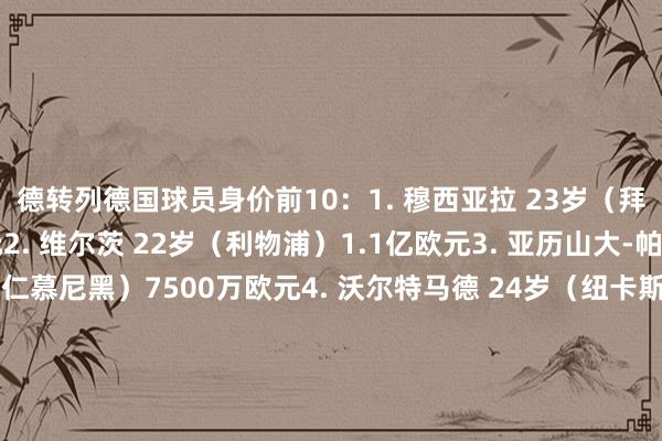 德转列德国球员身价前10：1. 穆西亚拉 23岁（拜仁慕尼黑）1.2亿欧元2. 维尔茨 22岁（利物浦）1.1亿欧元3. 亚历山大-帕夫洛维奇 21岁（拜仁慕尼黑）7500万欧元4. 沃尔特马德 24岁（纽卡斯尔联）6500万欧元5. 伦纳特-卡尔 18岁（拜仁慕尼黑）6000万欧元6. 施洛特贝克 26岁（多特蒙德）5500万欧元7. 阿德耶米 24岁（多特蒙德）5000万欧元7. 费利克斯-恩梅加 25岁（多特蒙德）5000万欧元7. 哈弗茨 26岁（阿森纳）5000万欧元10. 马利克-佳夫 24岁（纽卡斯尔联）4500万欧元10. 施蒂勒 24岁（斯图加特）4500万欧元【上咪咕独家看英超】世界杯买球体育信息